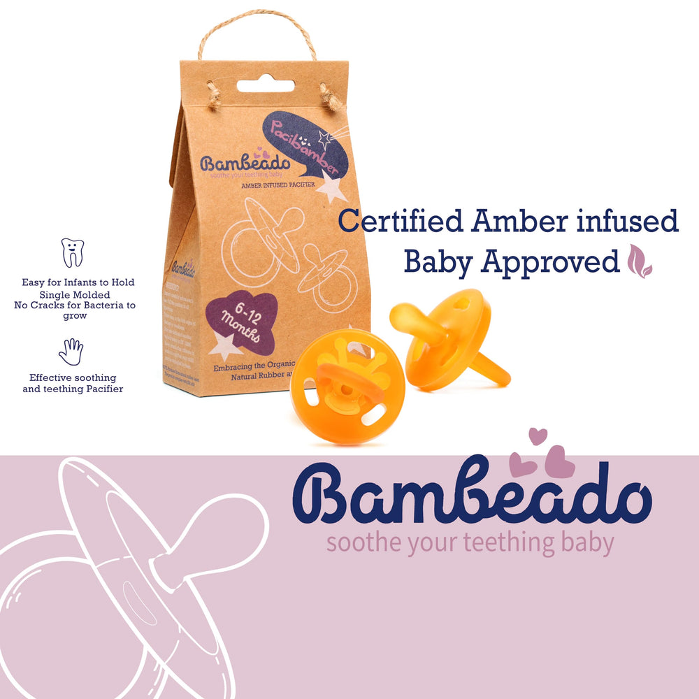 PaciBamber natural rubber teether giraffe design provides comforting teething relief.