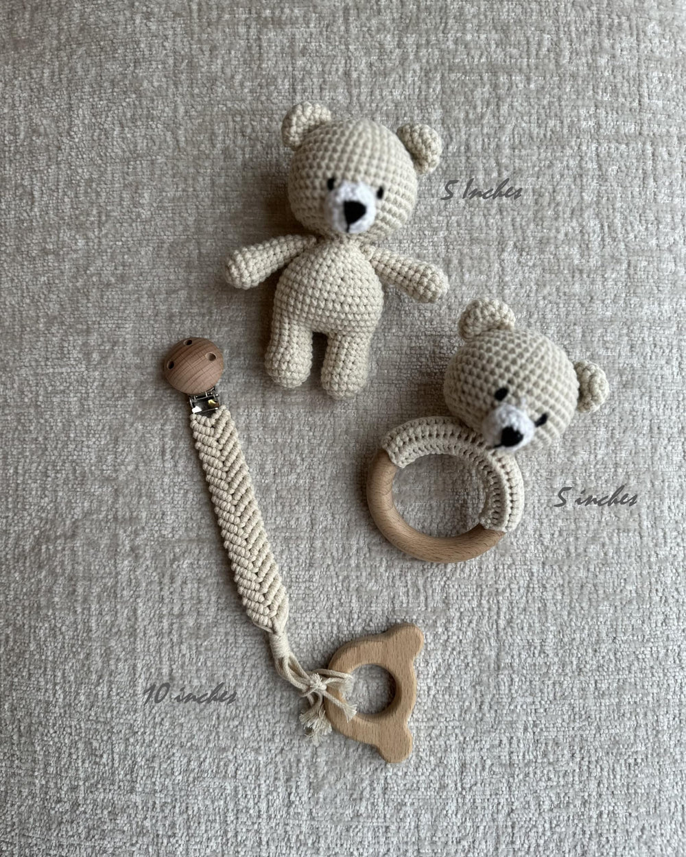 Organic Cotton Handmade Crochet Bear Rattle pacifier holder close-up