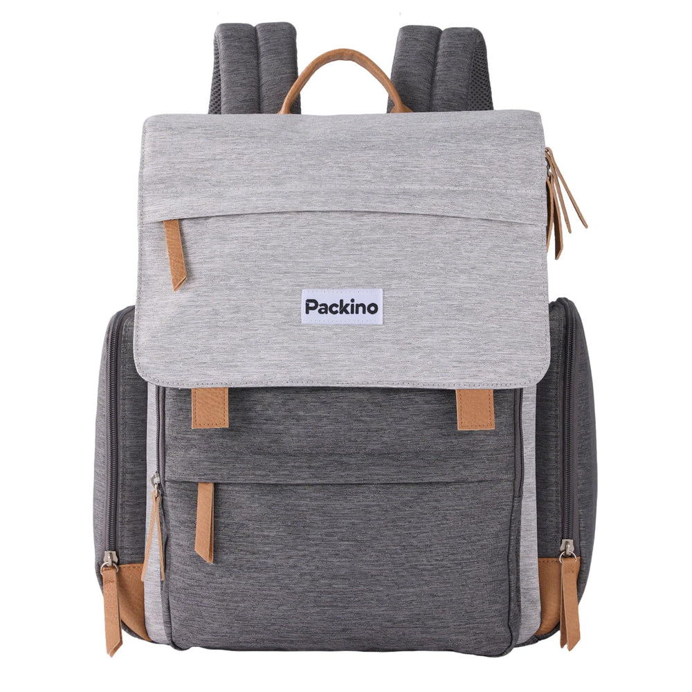 Packino diaper bag backpack in grey with spacious compartments for busy parents on the go.