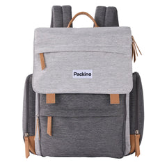Packino diaper bag backpack in grey with spacious compartments for busy parents on the go.