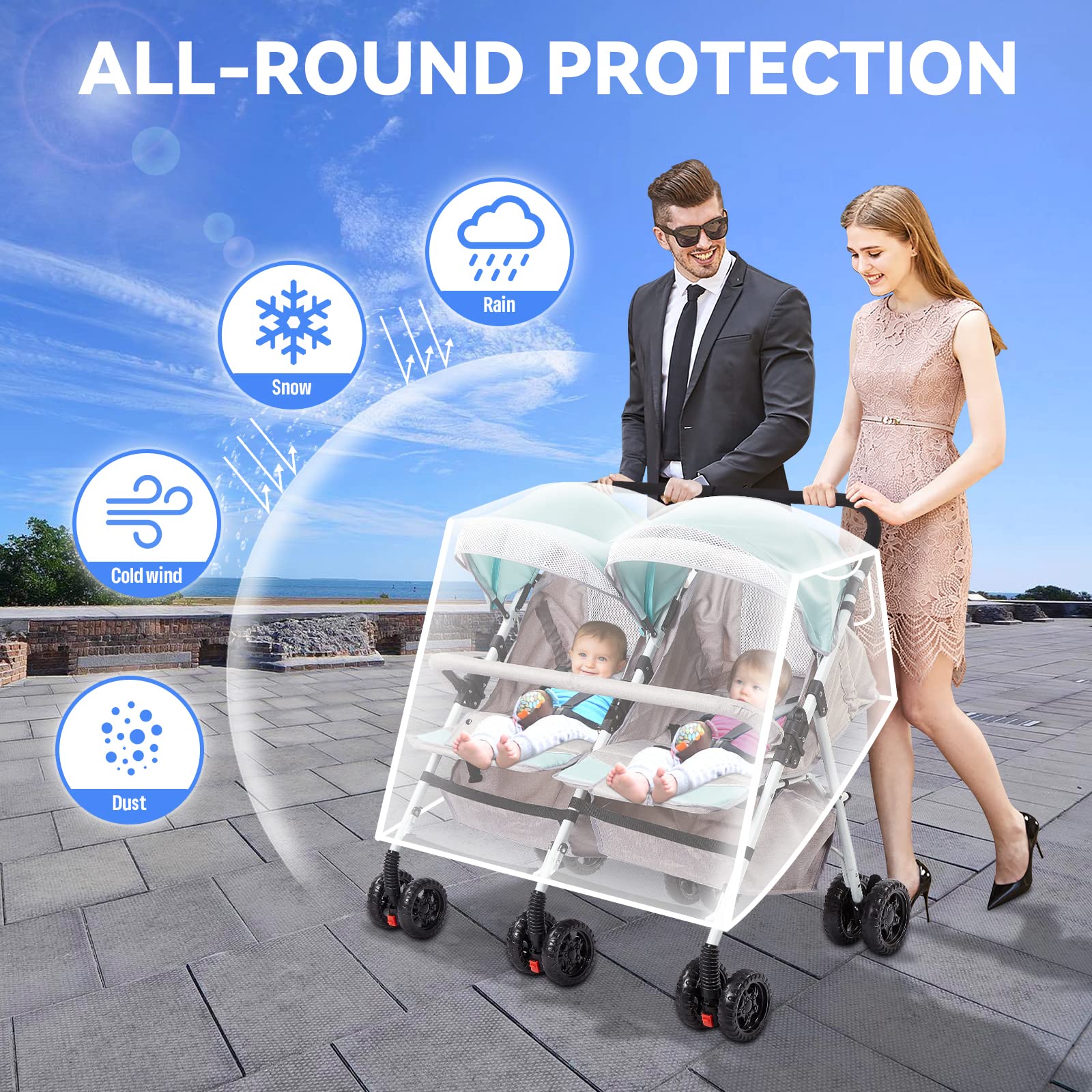 PAHTTO double stroller rain cover side view showing compact side protection