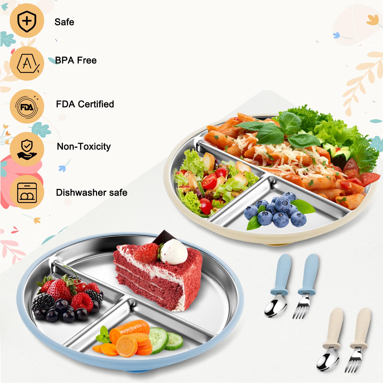 Divided sections promote balanced portions and organized meals for toddlers.