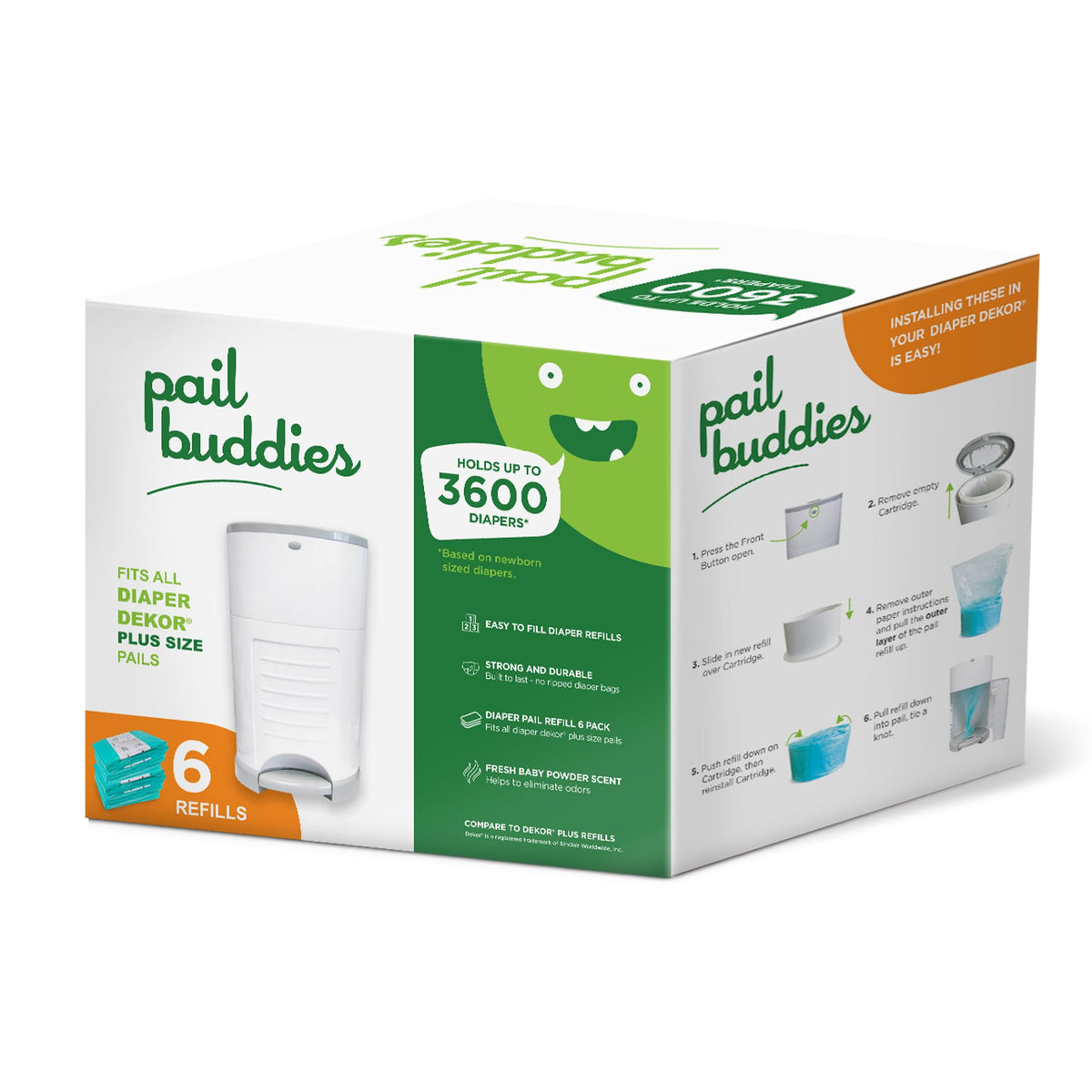Pail Buddies Dekor Plus six-pack refill for easy diaper changes and tidy nursery