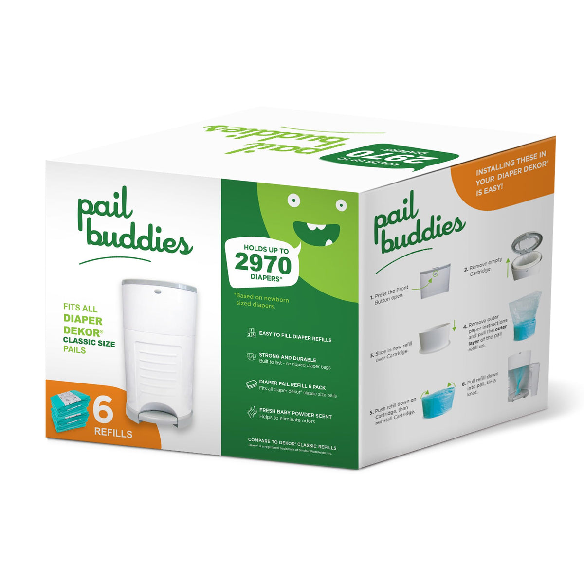 Pail Buddies diaper pail refills pack fits Dekor Classic for easy odor control.