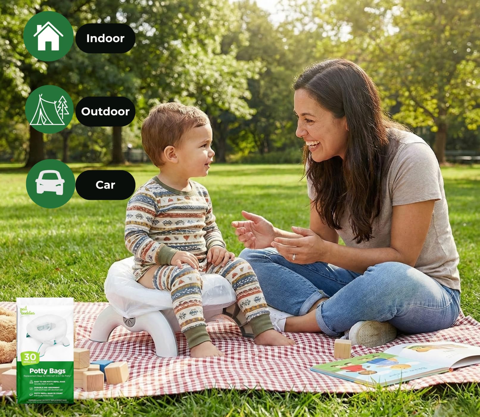 Pail Buddies hygienic disposal solution for toddlers on the go.