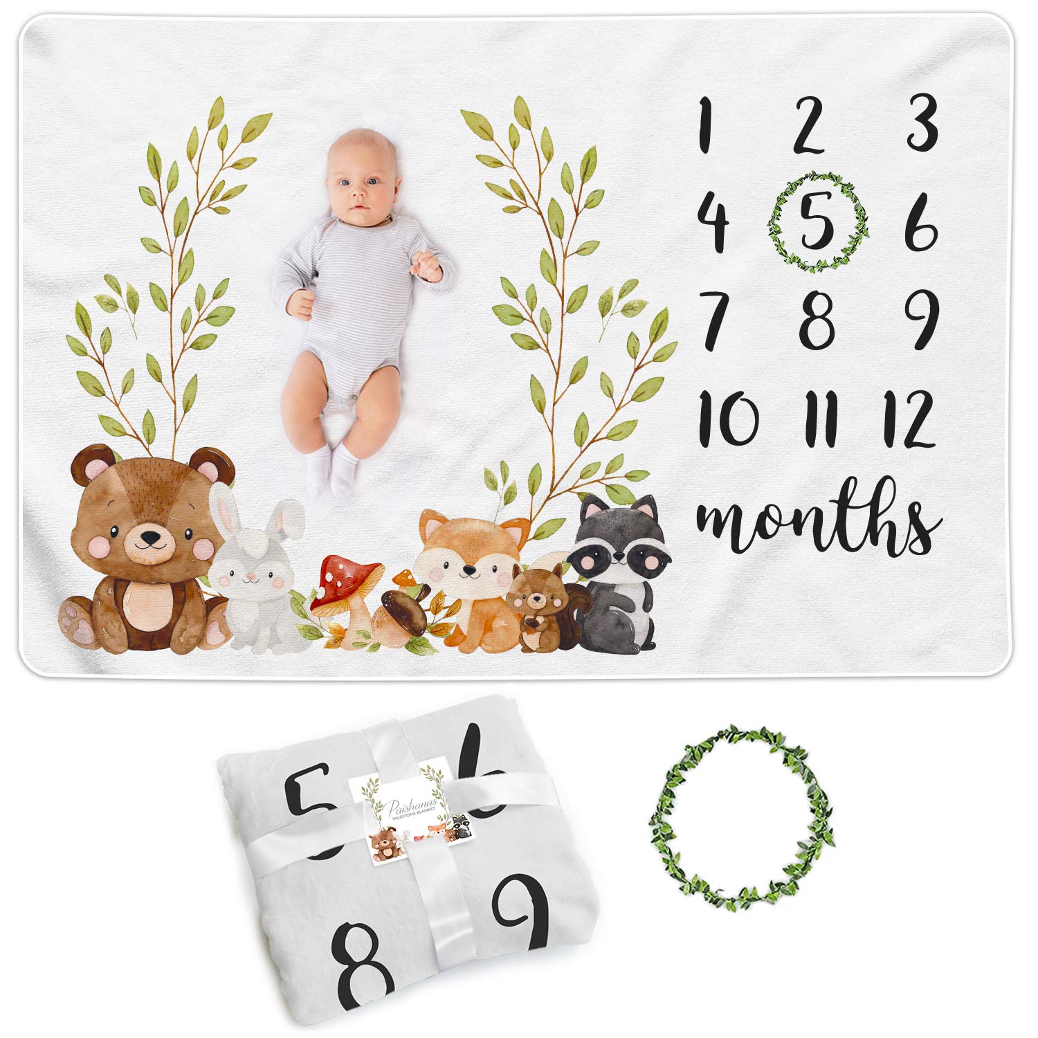 Paishanas woodland flatlay showing a cozy milestone photo backdrop for monthly photos