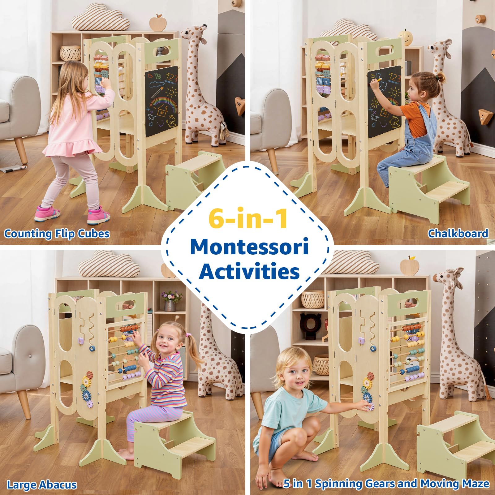 Paisure 6-in-1 activities include large abacus and spinning gears for learning.