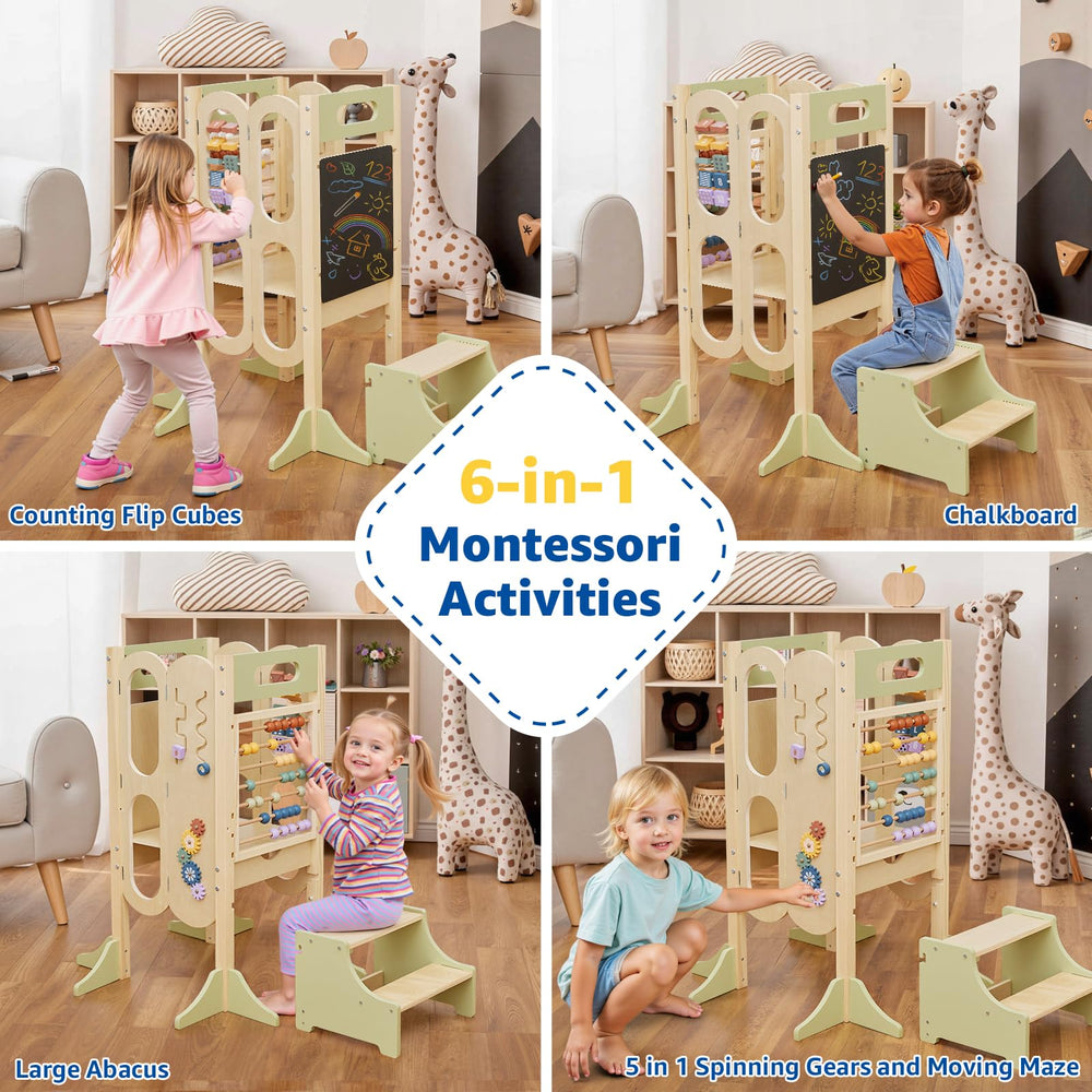 Paisure 6-in-1 activities include large abacus and spinning gears for learning.