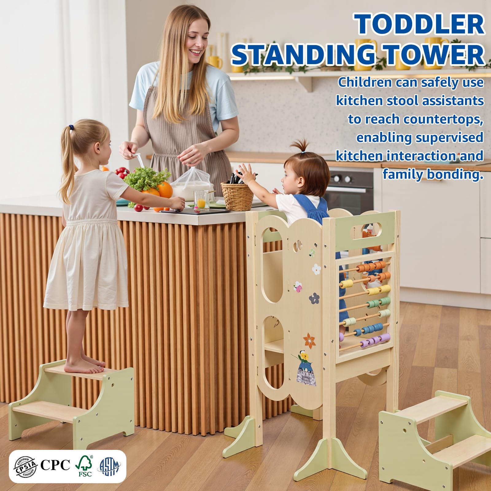 Paisure toddler tower detachable 2-step stool enables easy climb-on and off.