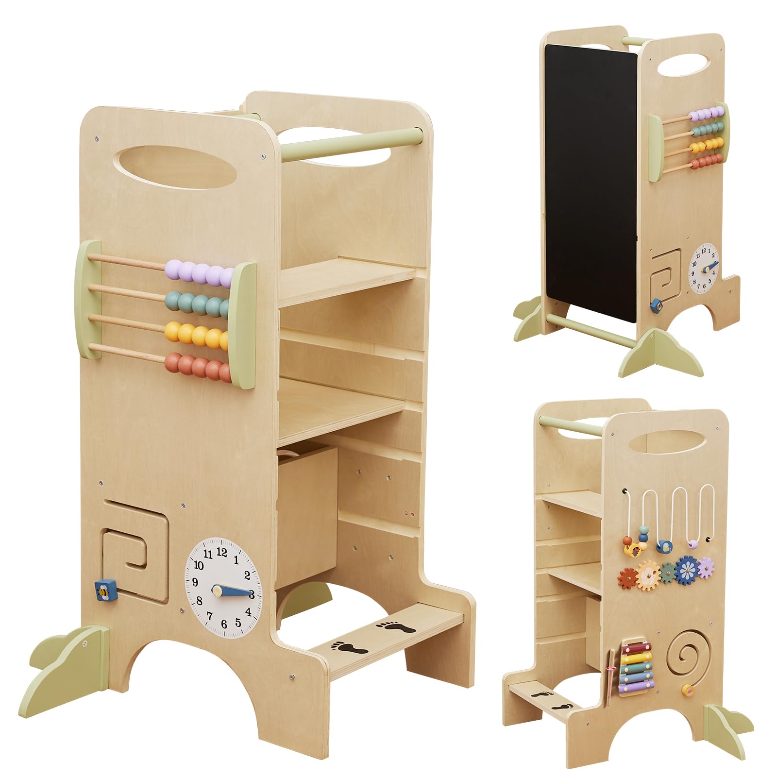 Paisure toddler tower front view highlights compact, safe kitchen helper