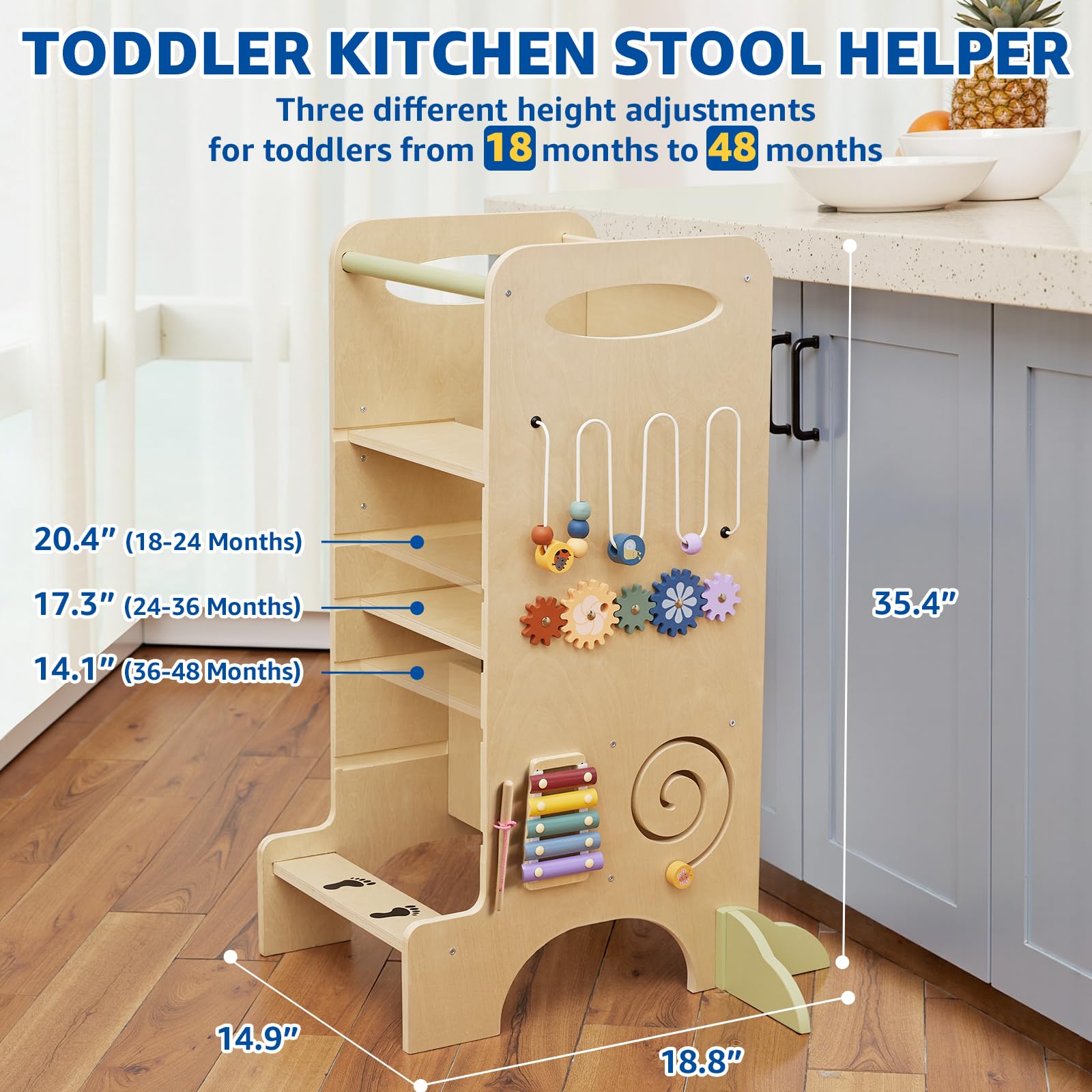 Paisure toddler tower height settings show adjustable options for growing kids