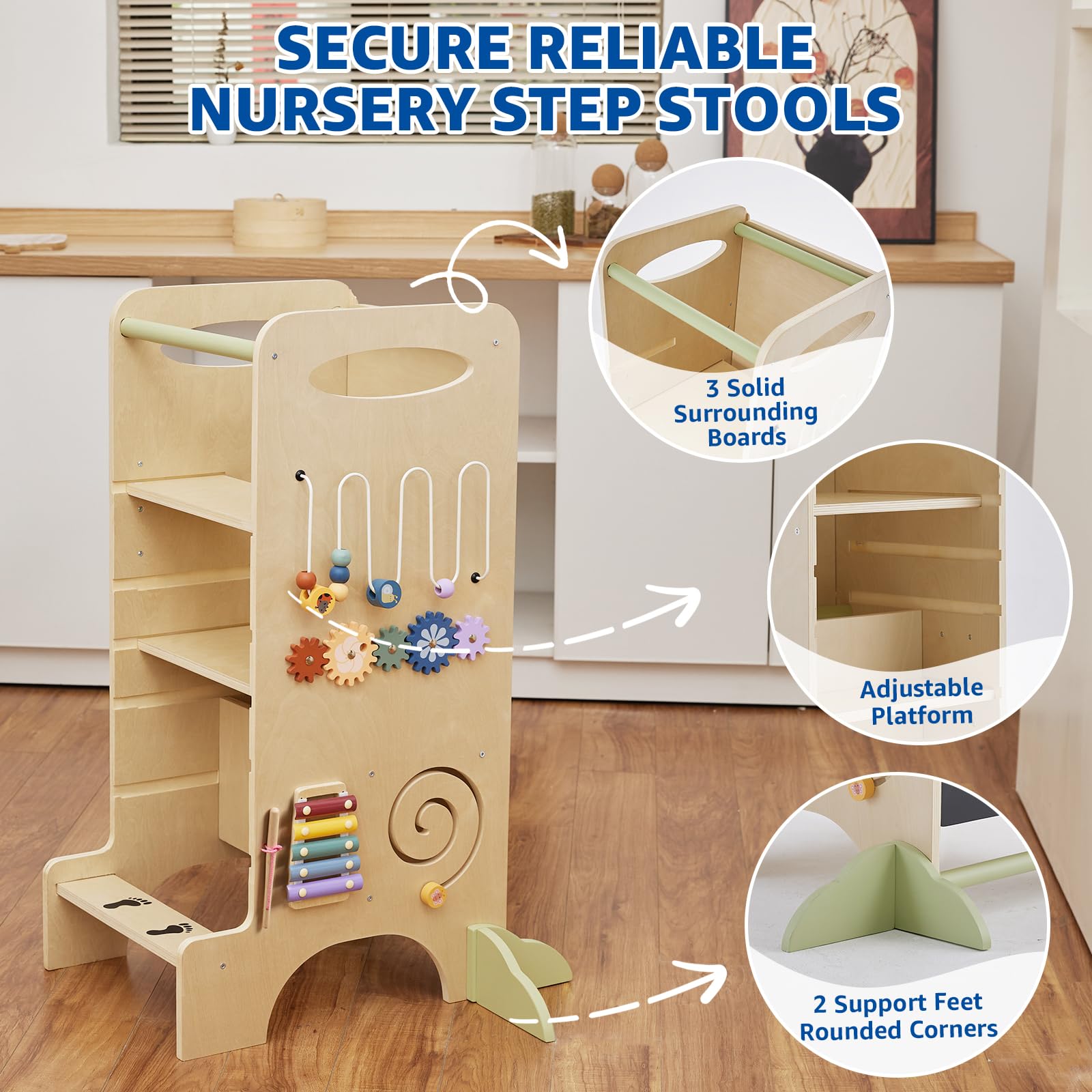Paisure toddler tower kitchen-use scene shows helping with meal prep