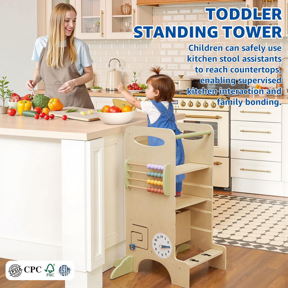 Paisure toddler tower Montessori activities image features abacus and clock