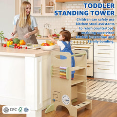 Paisure toddler tower Montessori activities image features abacus and clock