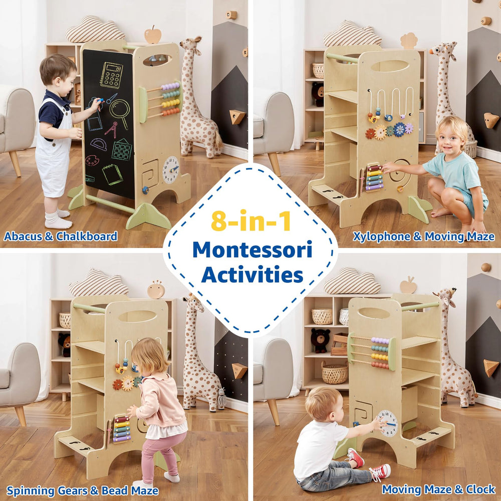 Paisure toddler tower safety base communicates broad stance and guard rail