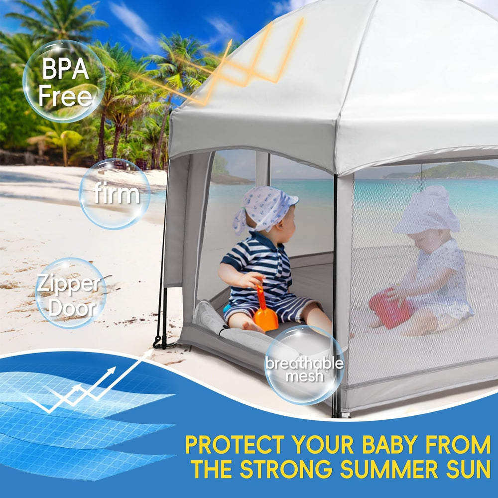 Palopalo pop up playpen stands on sand and grass for all-terrain use