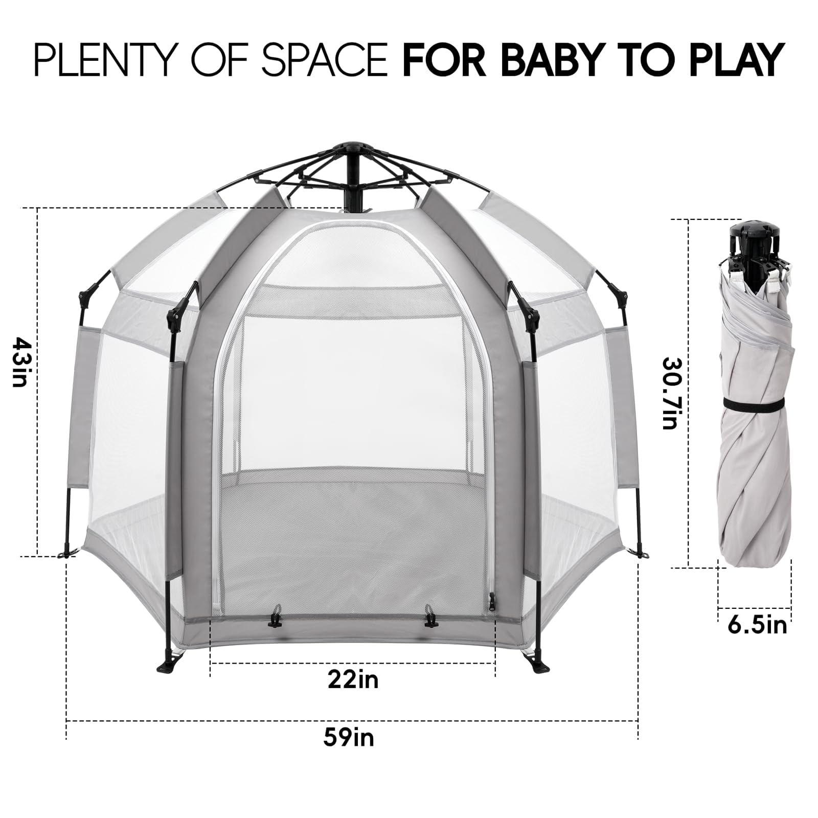 Palopalo pop up playpen highlights safe zippered door and mesh walls