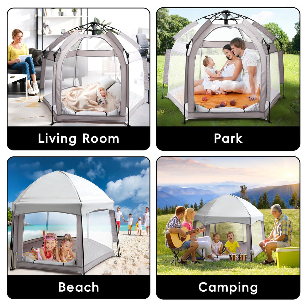 Palopalo pop up playpen folds into a compact travel bag
