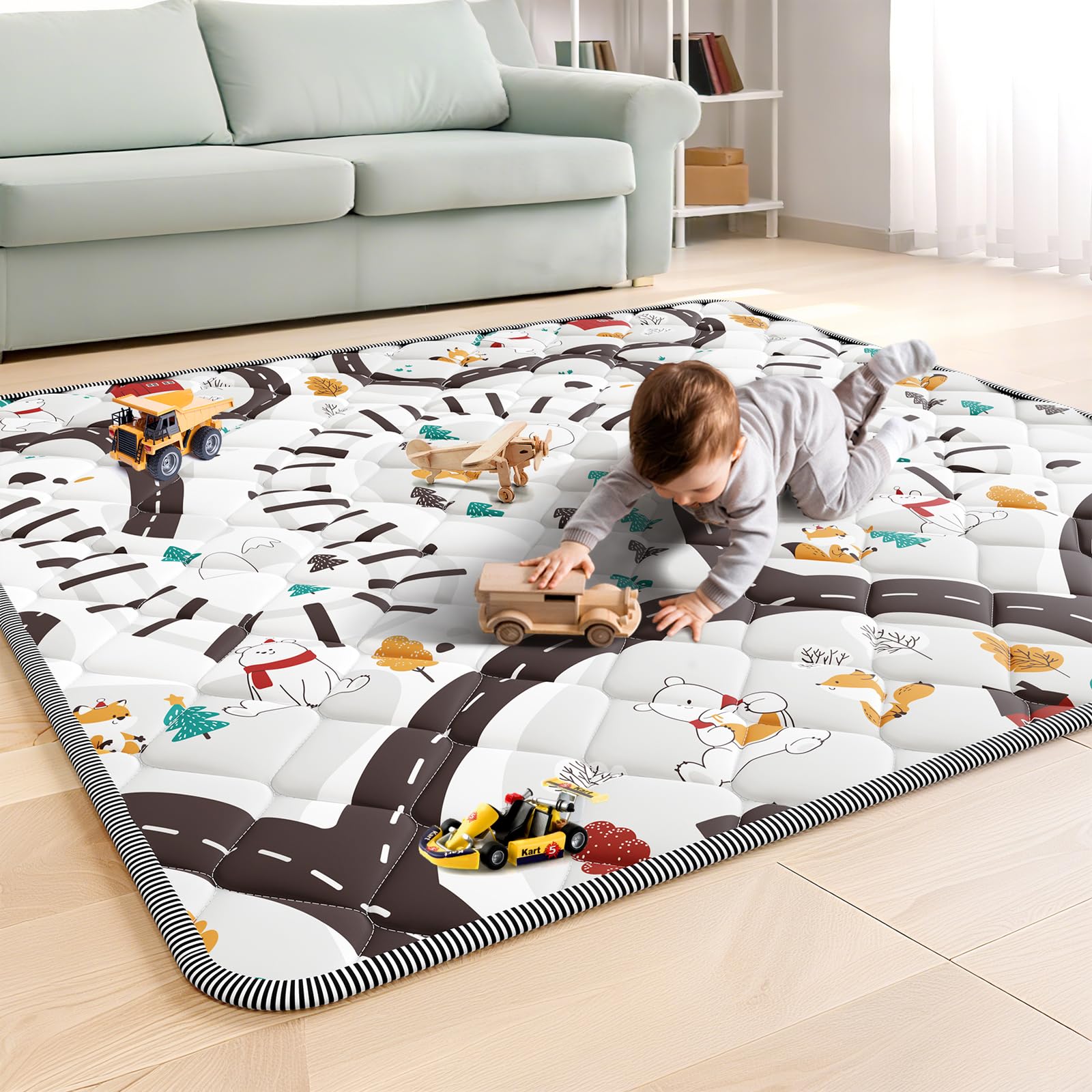 Palopalo soft play mat 50x50 inches offers a cushioned surface for safe crawling.