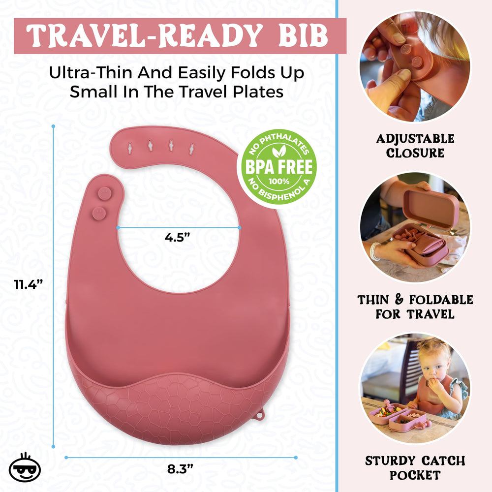 Foldable bib and plate fit neatly into a compact travel kit.