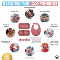 Divided suction plate helps portion control for toddlers during trips.