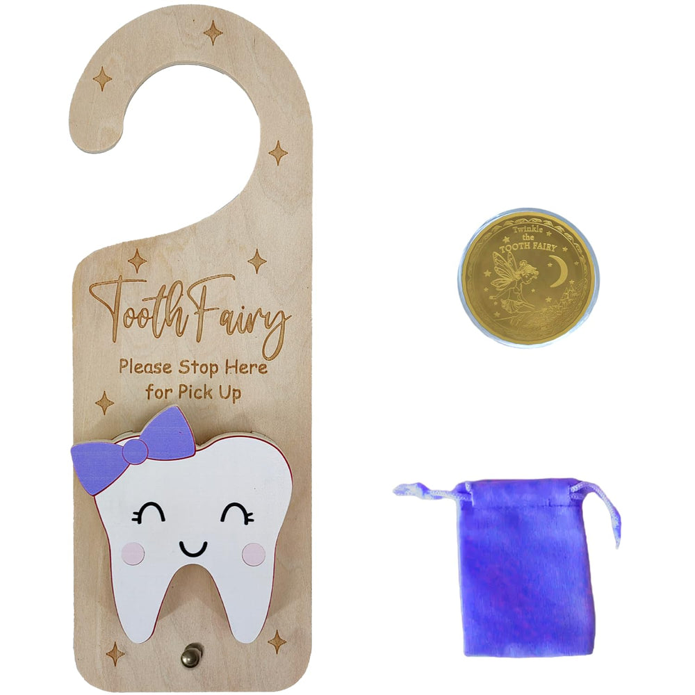 PAMBO tooth fairy door hanger in purple wood adds magical bedtime decor.