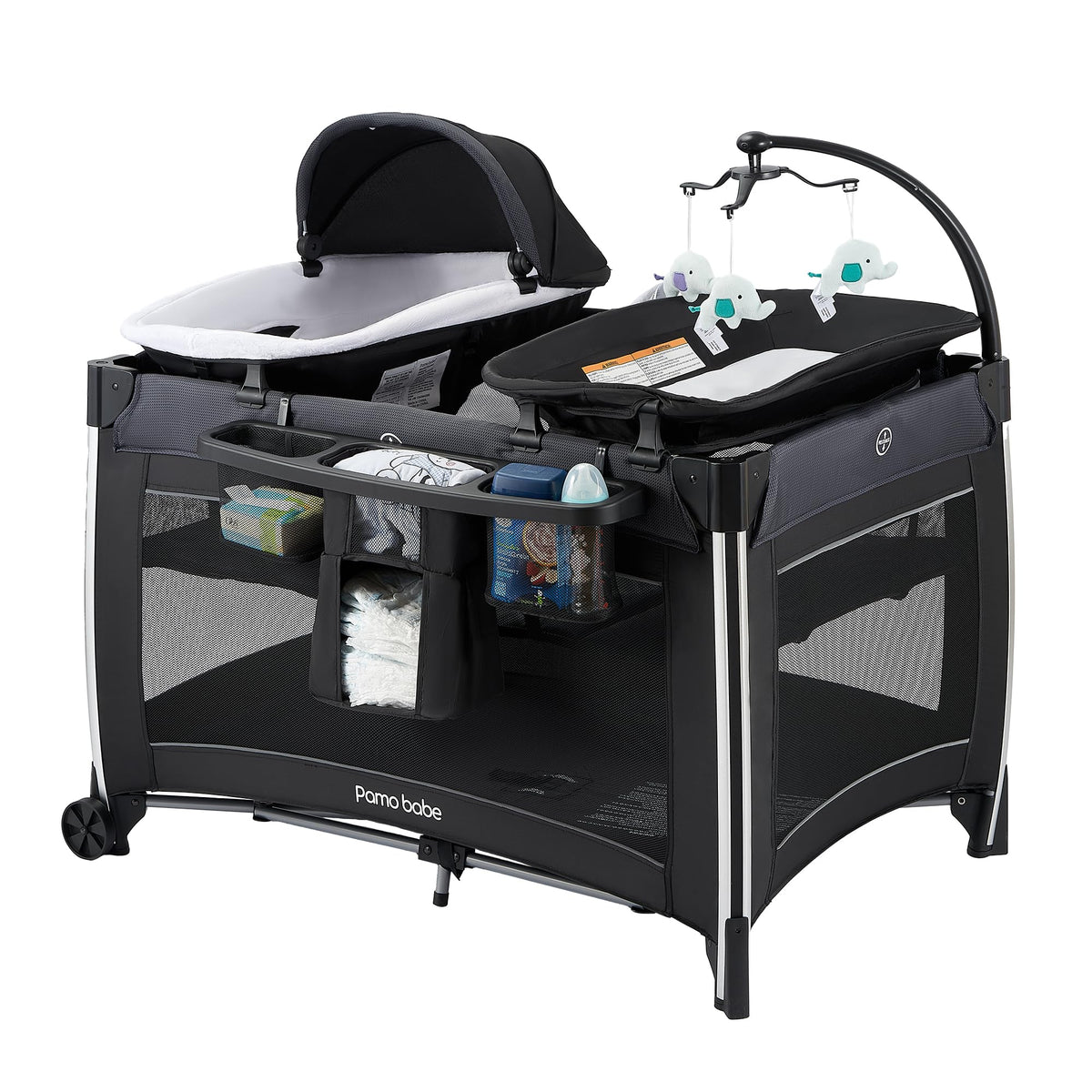 Pamo Babe 4-in-1 play yard in setup, offering spacious infant play area.