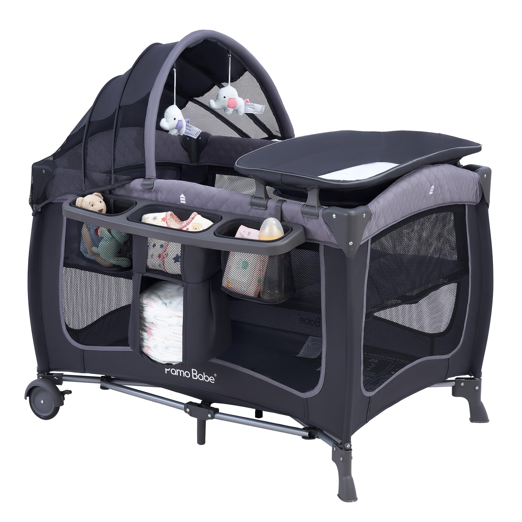 Pamo Babe playard with canopy offers a compact all-in-one nursery at home.
