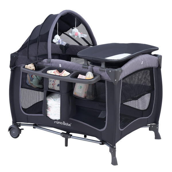Pamo Babe playard with canopy offers a compact all-in-one nursery at home.