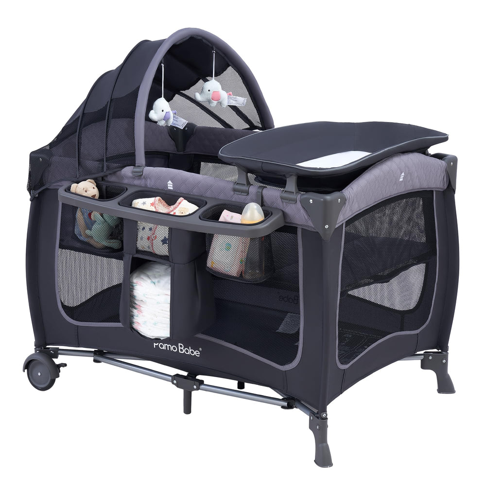 Pamo Babe playard with canopy offers a compact all-in-one nursery at home.