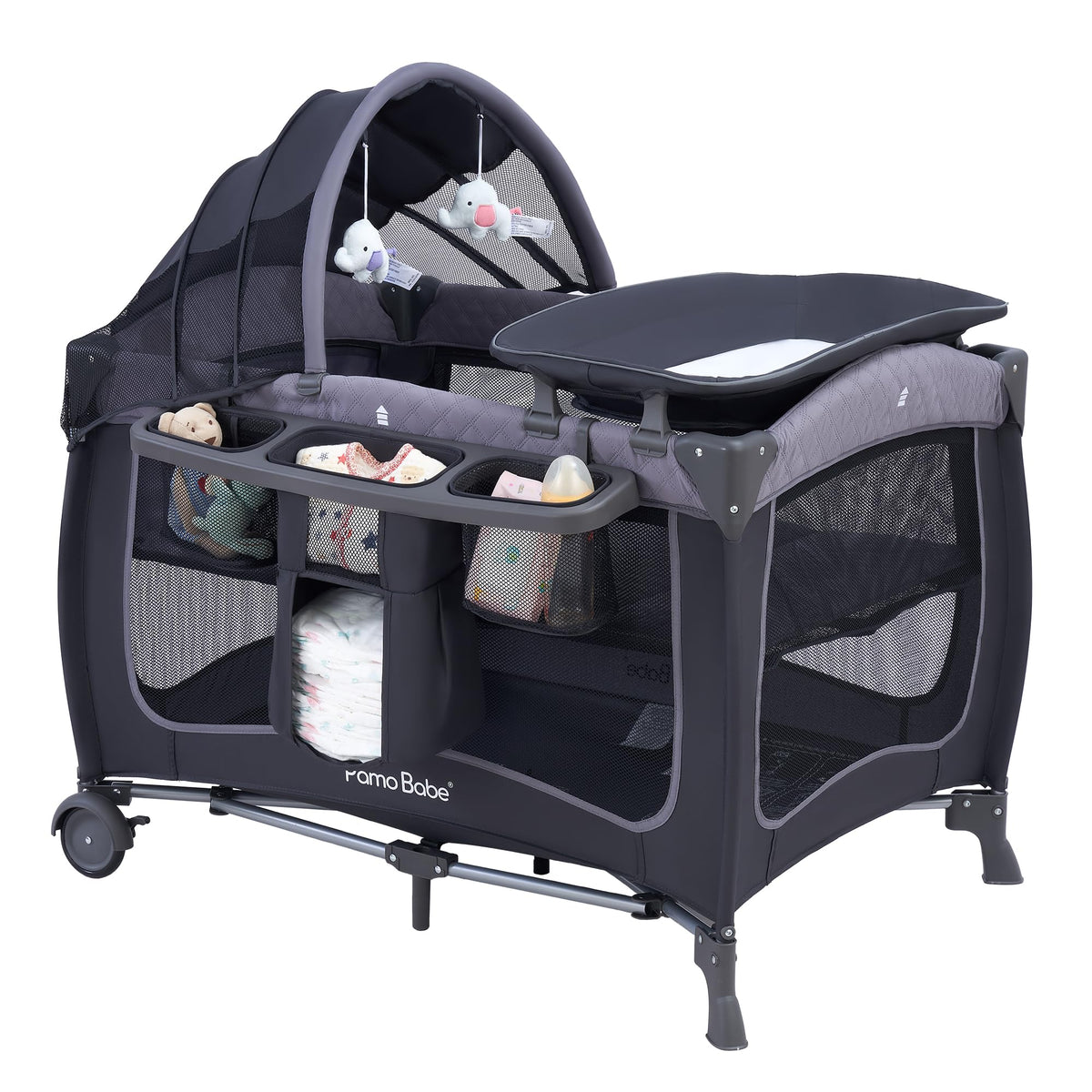 Pamo Babe playard with canopy offers a compact all-in-one nursery at home.