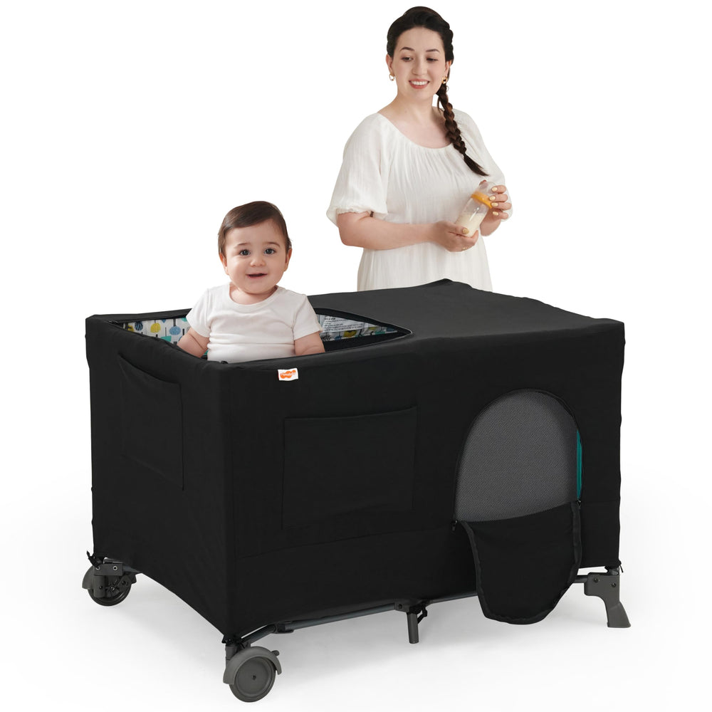 Pamo Babe blackout cover outer view on pack-and-play for outdoor shade.