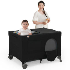 Pamo Babe blackout cover outer view on pack-and-play for outdoor shade.