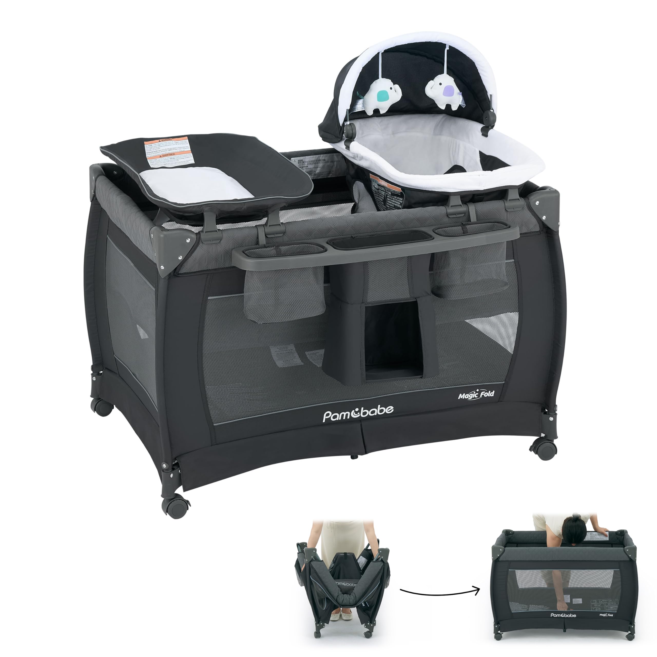 Pamo Babe One-Step Setup playard folding for fast, effortless setup and storage