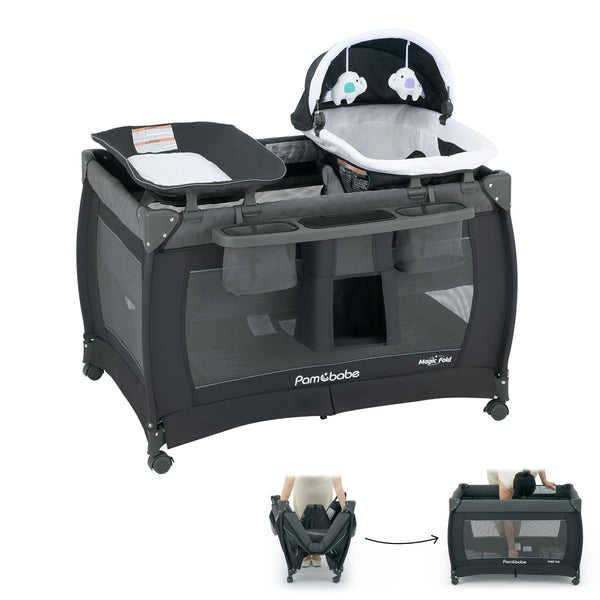 Pamo Babe One-Step Setup playard folding for fast, effortless setup and storage