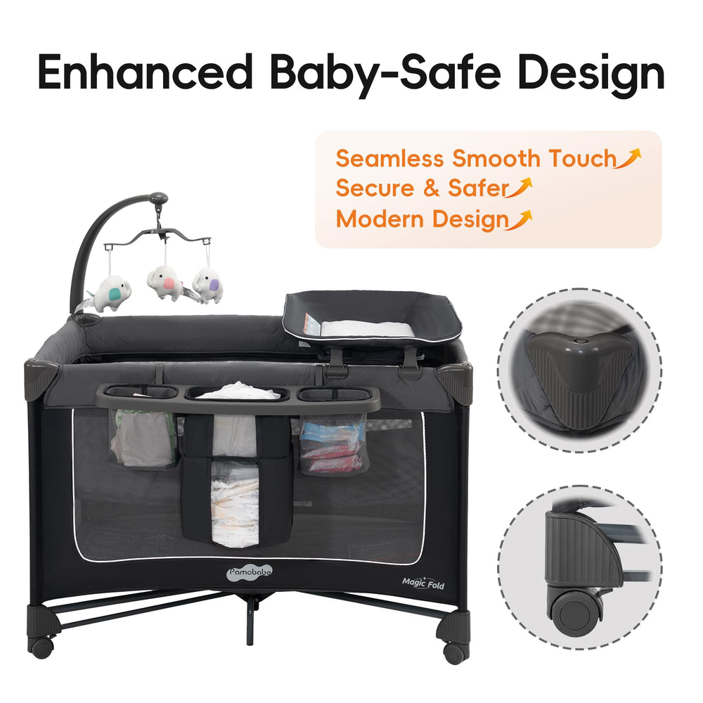 Pamo Babe organizer pocket keeps wipes and diapers within reach.