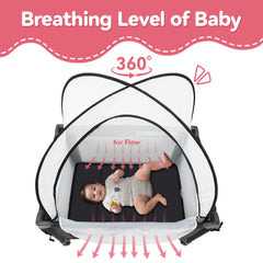 Pamo Babe Pack and Play Tent mesh closeup highlighting breathable insect-blocking fabric