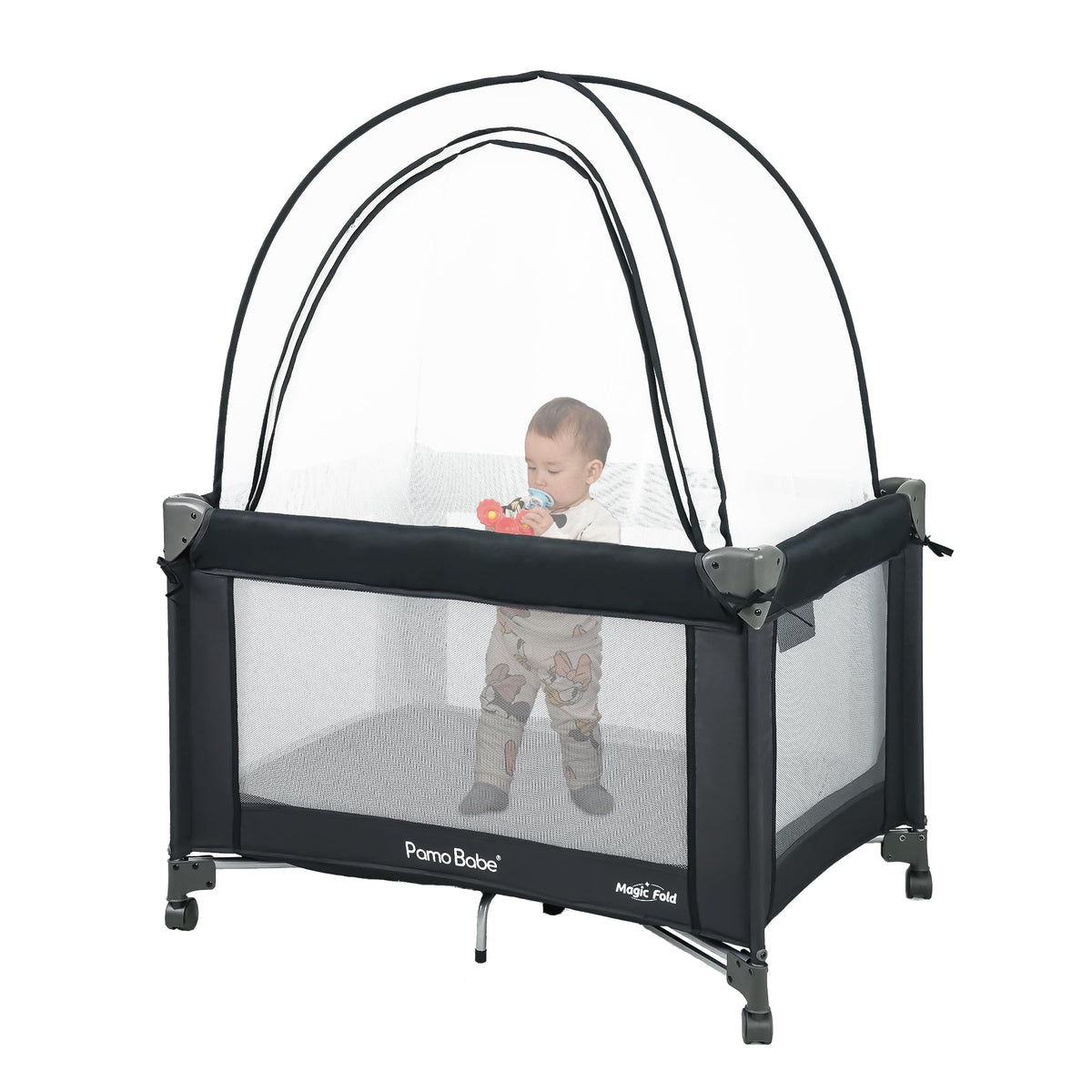 Pamo Babe Pack and Play Tent setup showing quick, tool-free assembly for busy parents