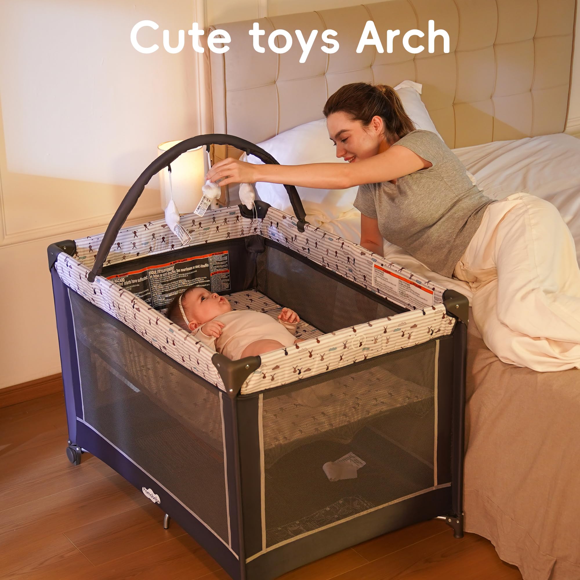 Pamo Babe Pack and Play in-use while traveling keeps baby safe and comfortable