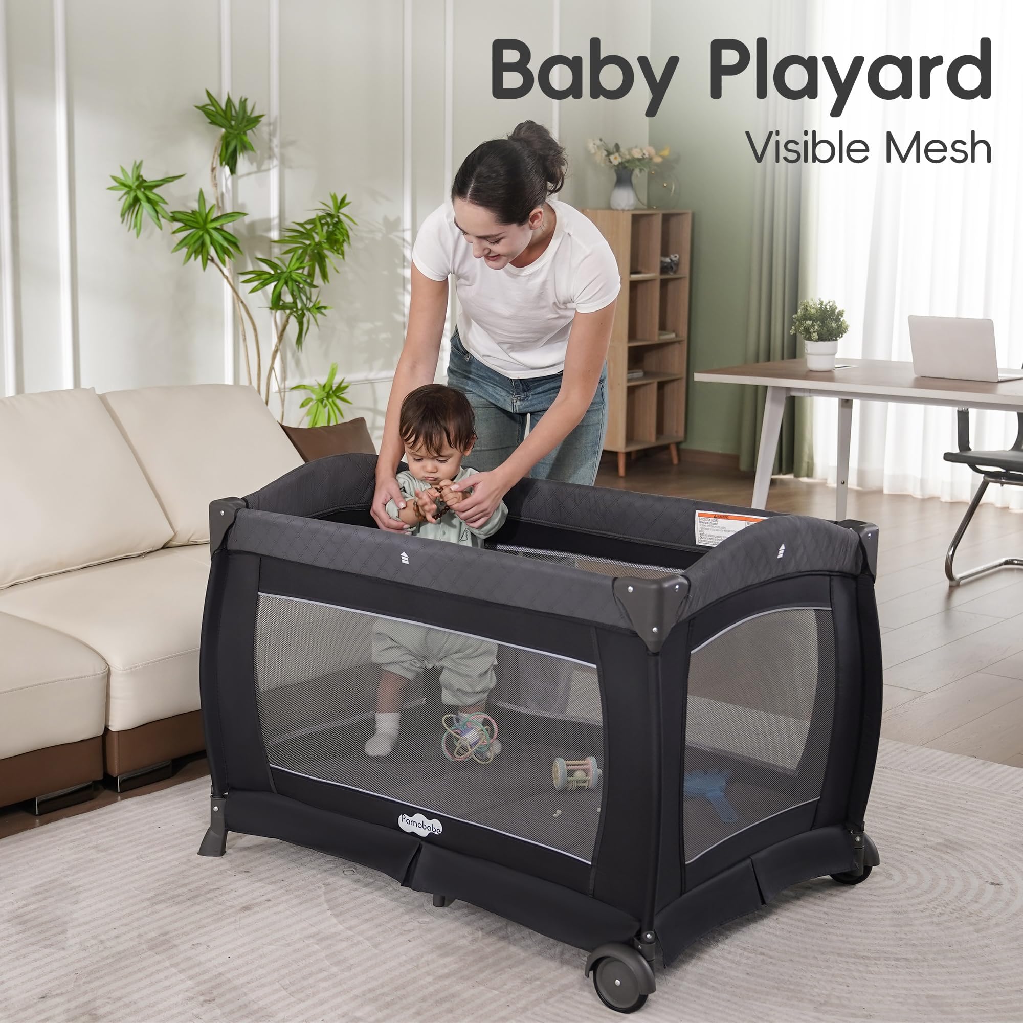 Pamo Babe Playard easy assembly guide illustrates quick setup