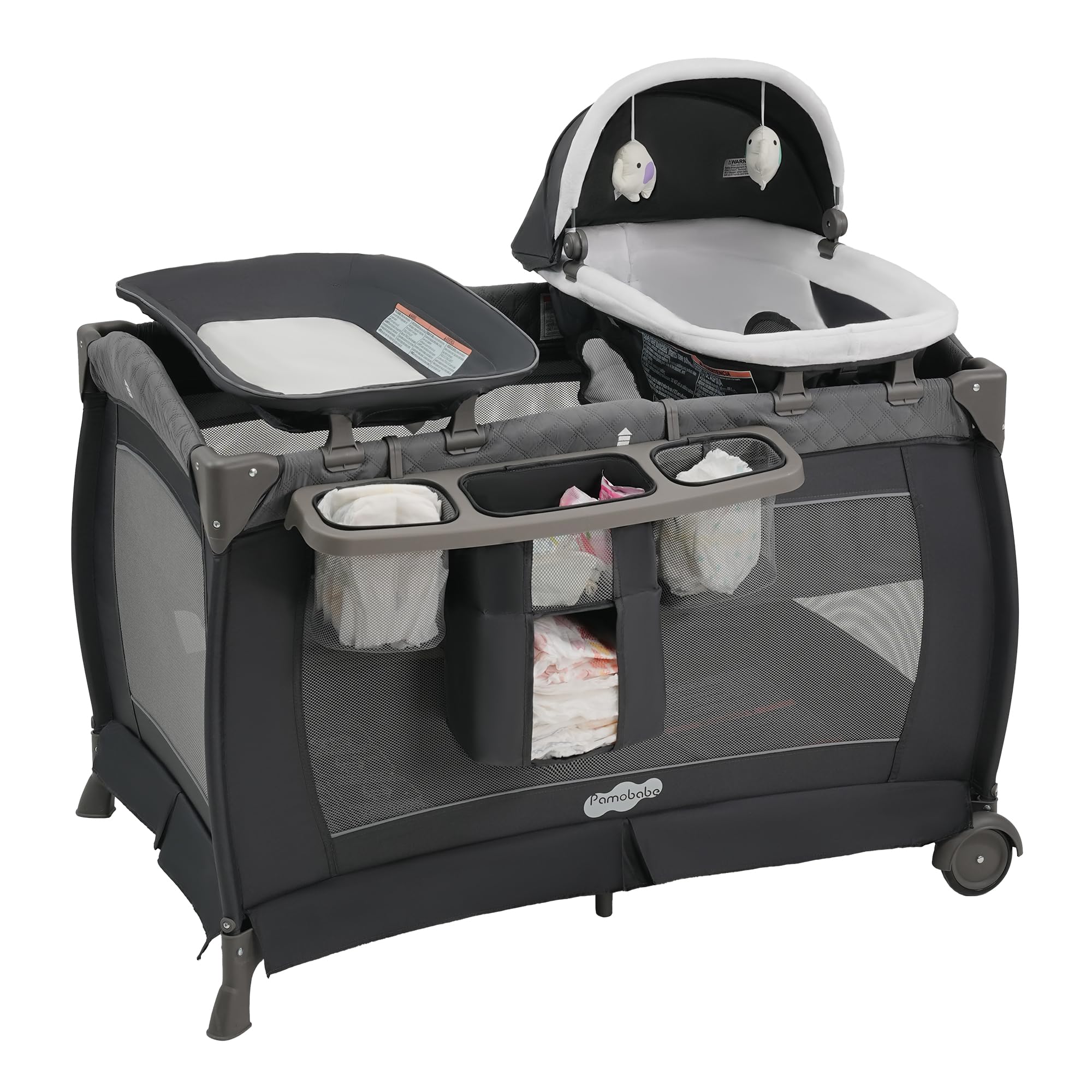 Pamo Babe Playard grey overview showing a portable play space