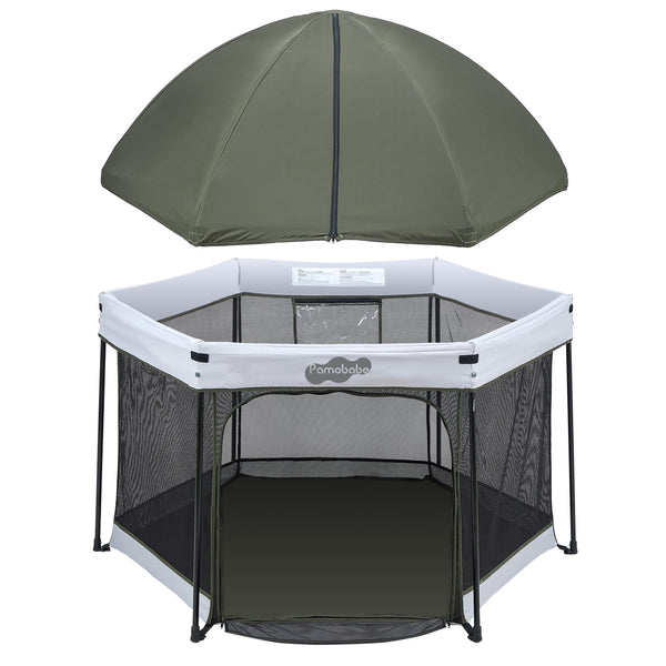 Pamo Babe playpen canopy UV protection shields baby during outdoor play