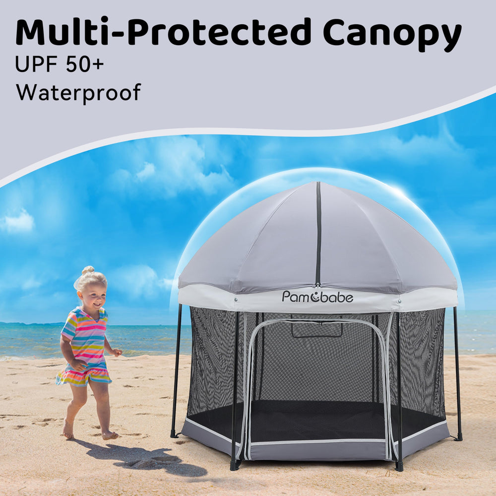 Pamo Babe indoor-outdoor play yard with breathable mesh walls.