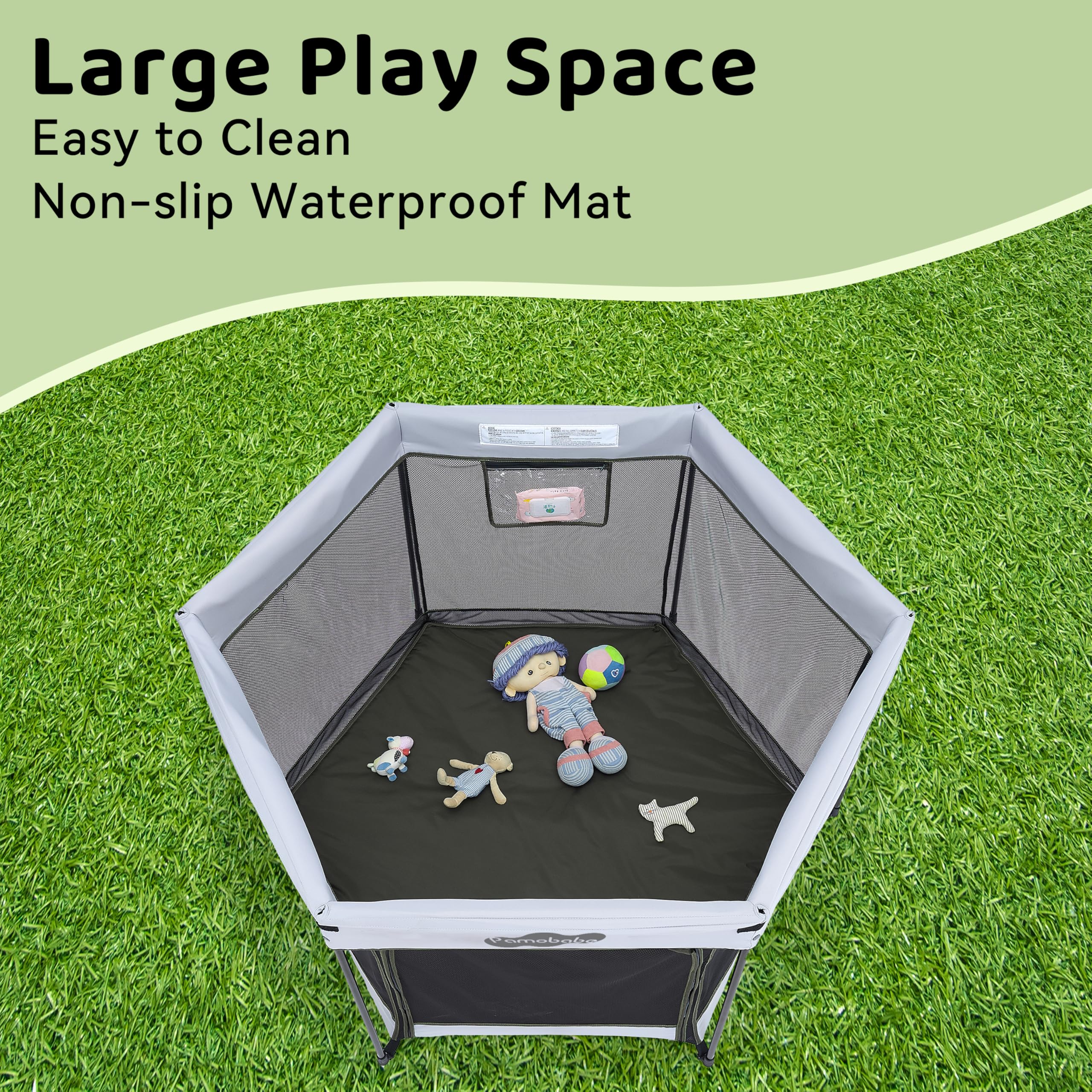Pamo Babe playpen mesh walls provide breathable visibility for baby and caregiver