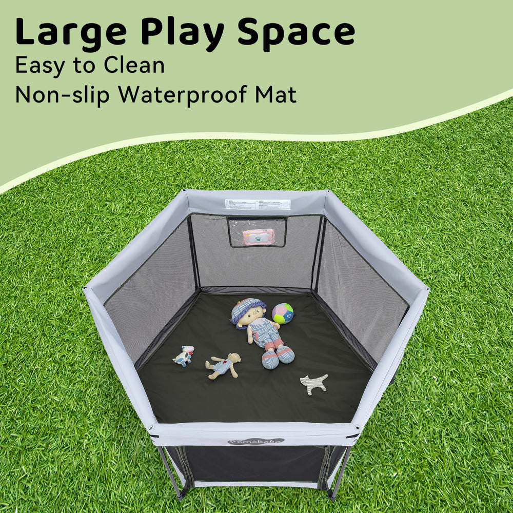 Pamo Babe playpen mesh walls provide breathable visibility for baby and caregiver