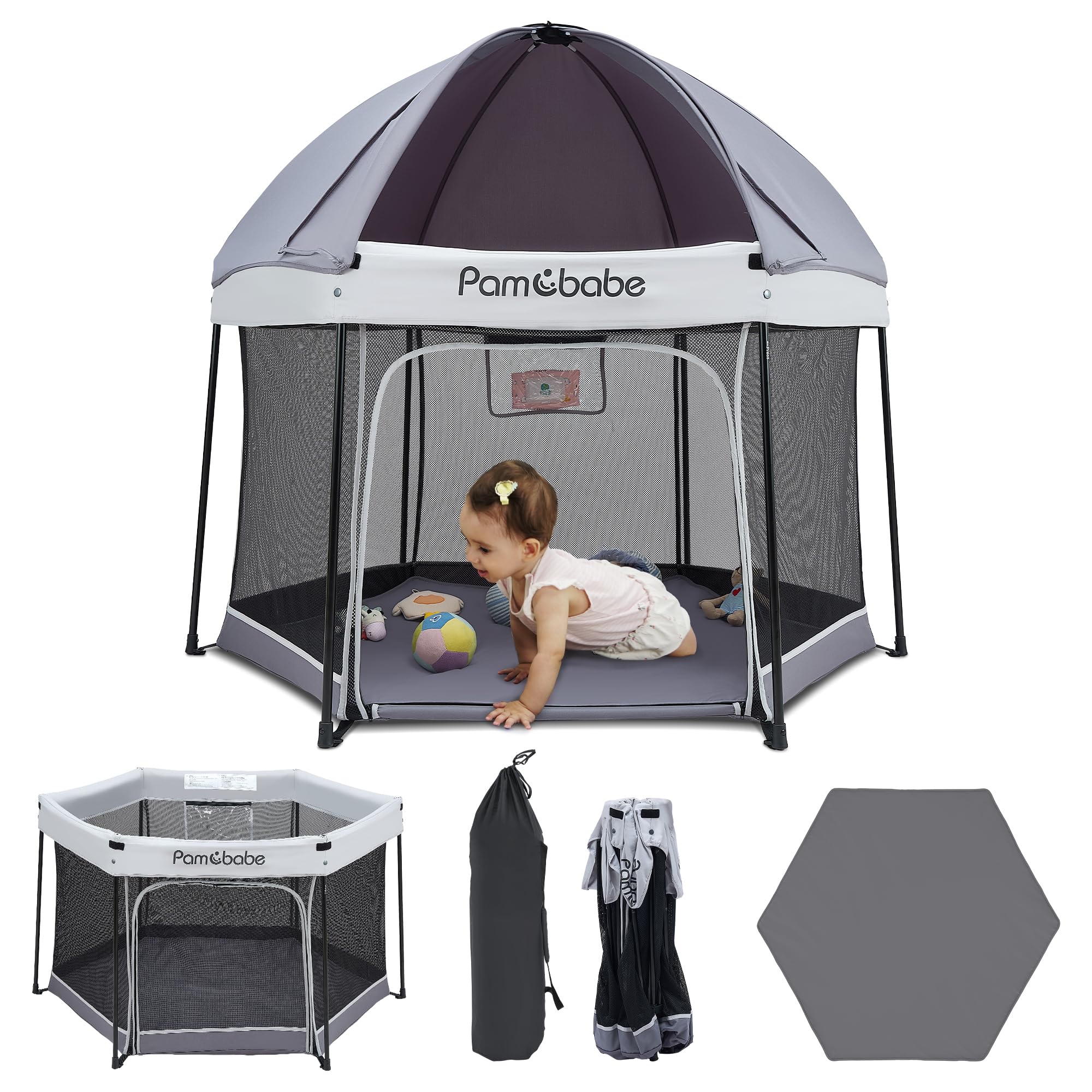 Pamo Babe playpen with sun canopy provides shade for outdoor play.