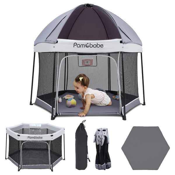 Pamo Babe playpen with sun canopy provides shade for outdoor play.