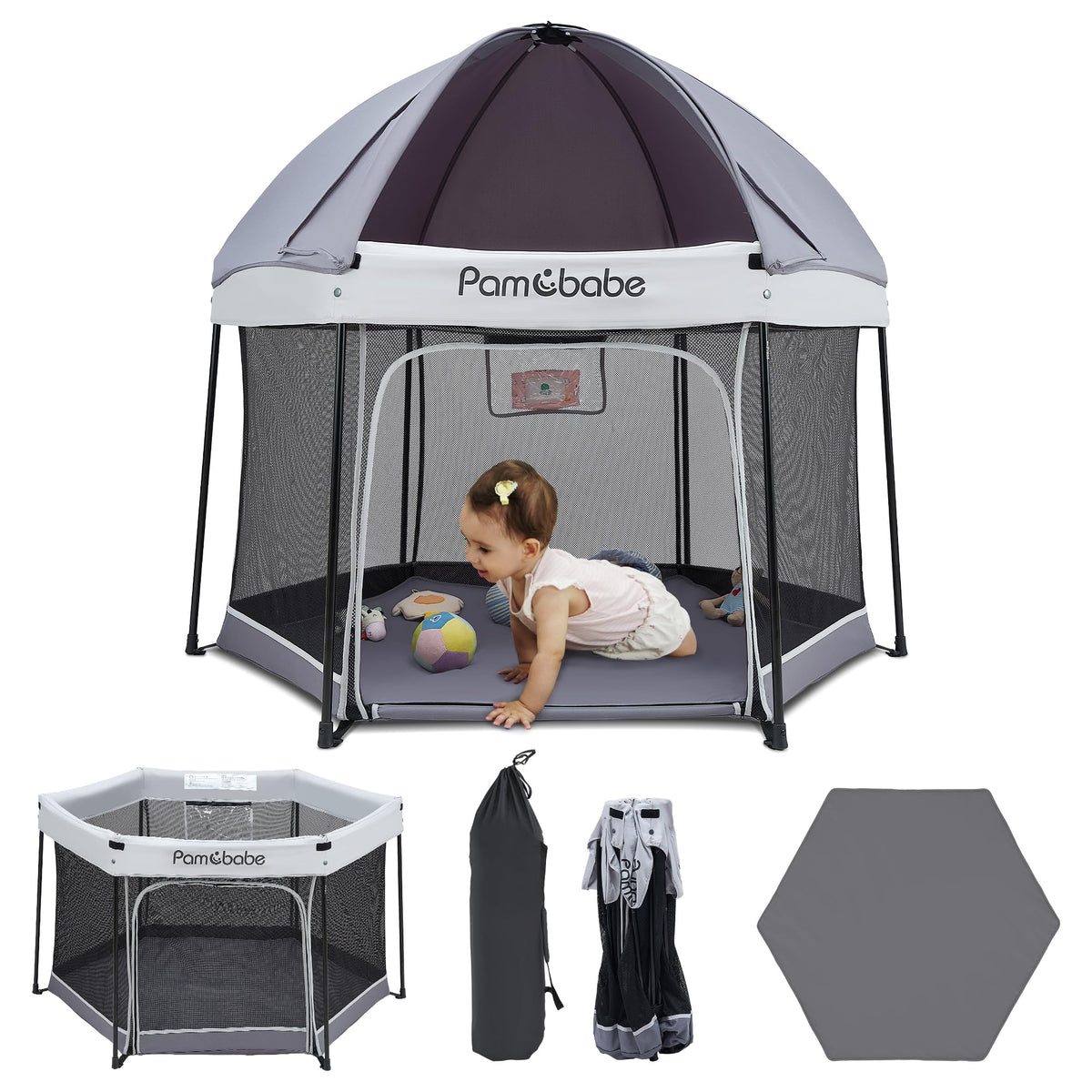 Pamo Babe playpen with sun canopy provides shade for outdoor play.