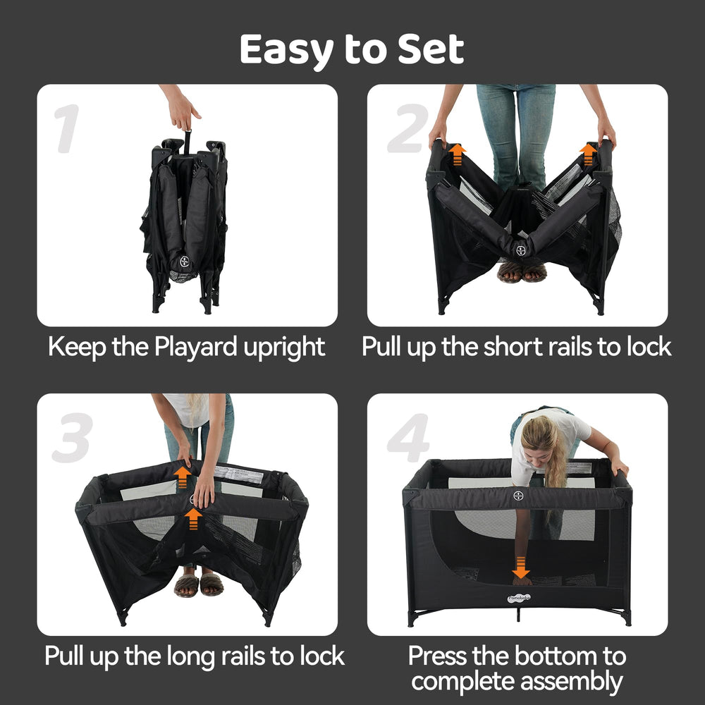 Pamo Babe portable crib folded compact for travel and storage.