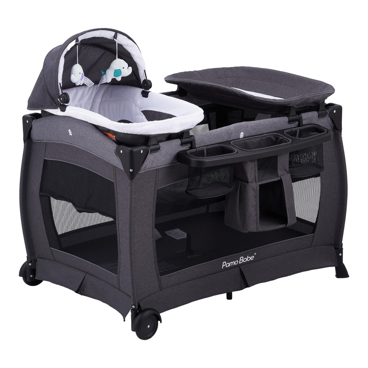 Pamo Babe portable playpen assembly shows quick setup and sturdy frame.